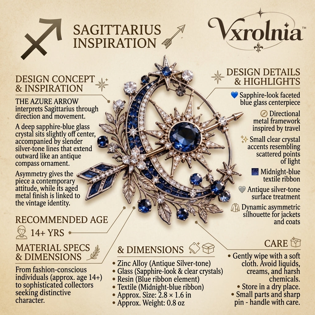 Vxrolnia™ Azure Arrow Sagittarius-Inspired Vintage Brooch — Sapphire Blue Crystal Starburst Pin, Antique Silver Celestial Accessory