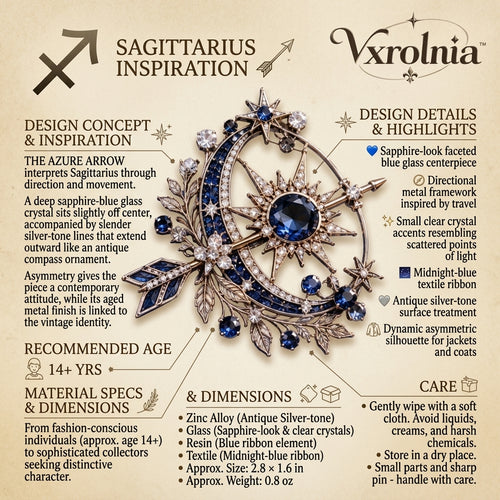Vxrolnia™ Azure Arrow Sagittarius-Inspired Vintage Brooch — Sapphire Blue Crystal Starburst Pin, Antique Silver Celestial Accessory