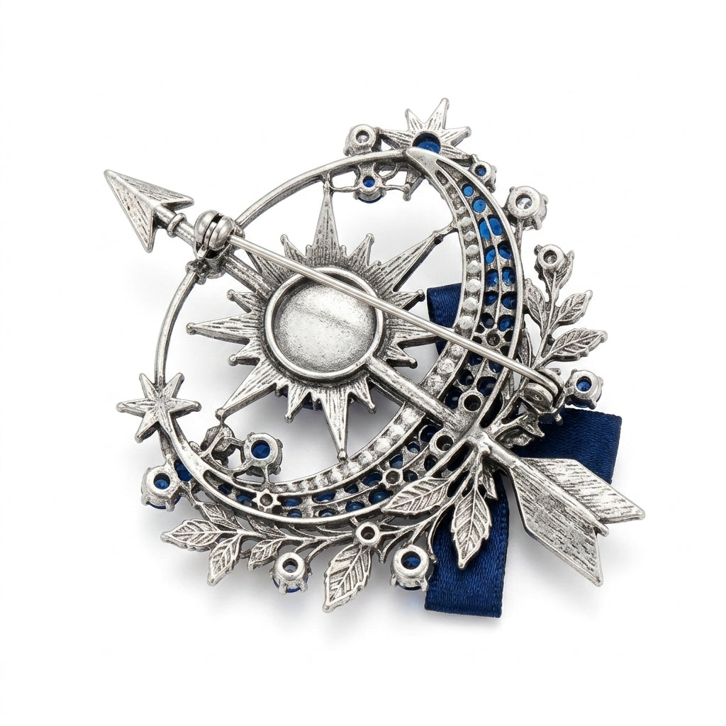 Vxrolnia™ Azure Arrow Sagittarius-Inspired Vintage Brooch — Sapphire Blue Crystal Starburst Pin, Antique Silver Celestial Accessory